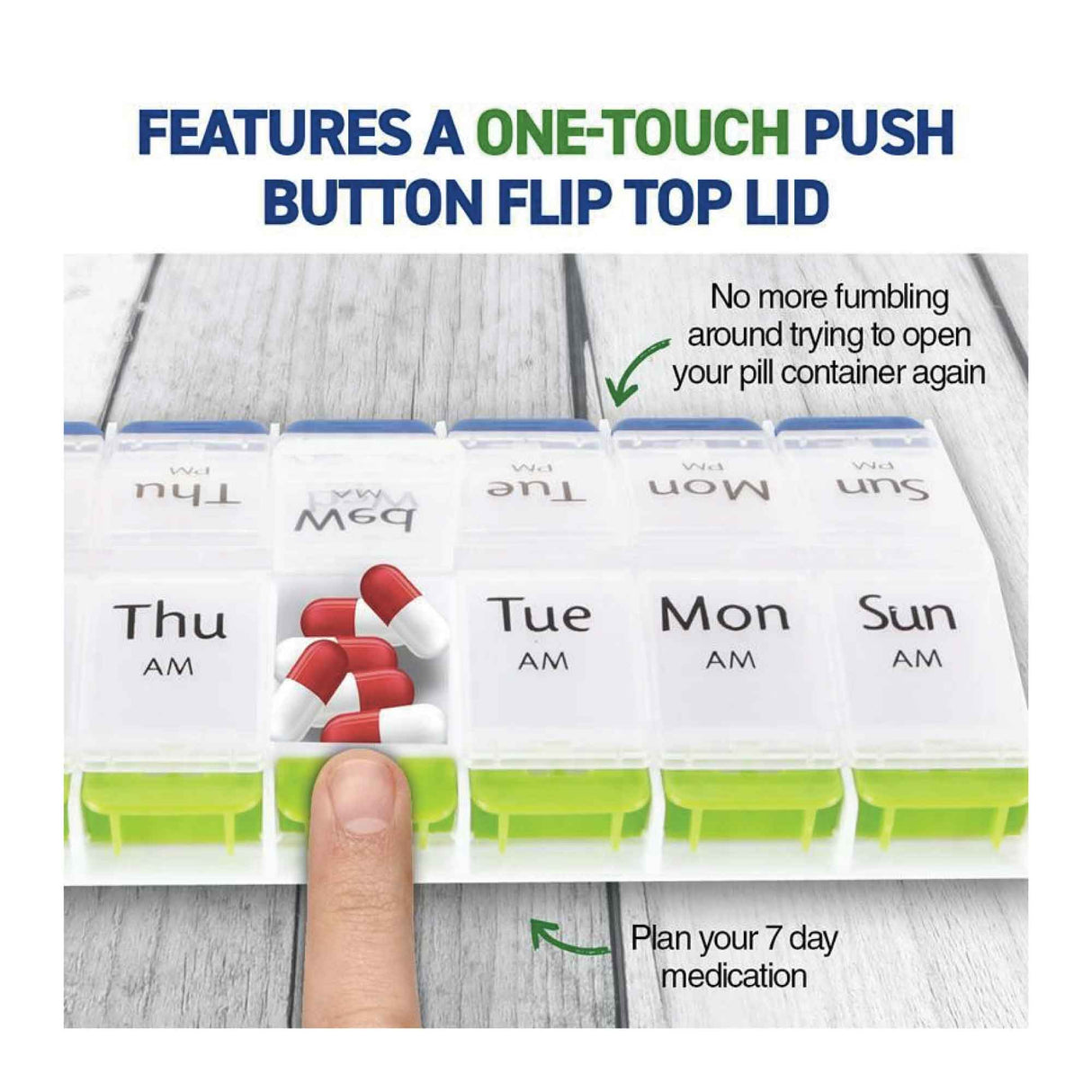 7-Day AM/PM Pill Organizer with 14 Compartments and One-Touch Push Button