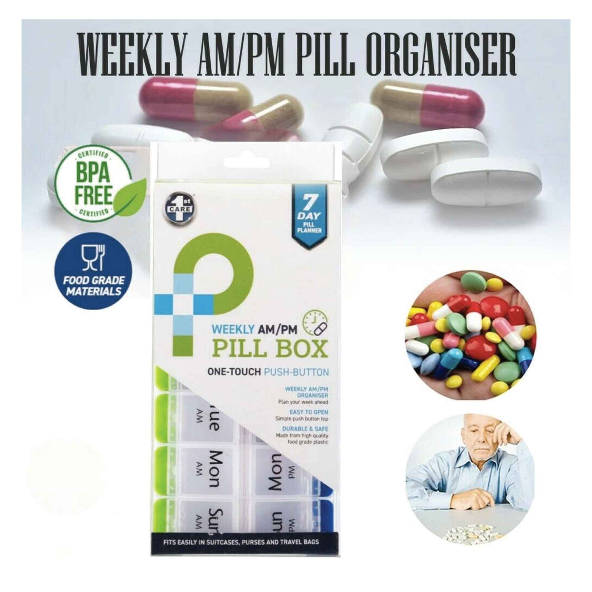 7-Day AM/PM Pill Organizer with 14 Compartments and One-Touch Push Button