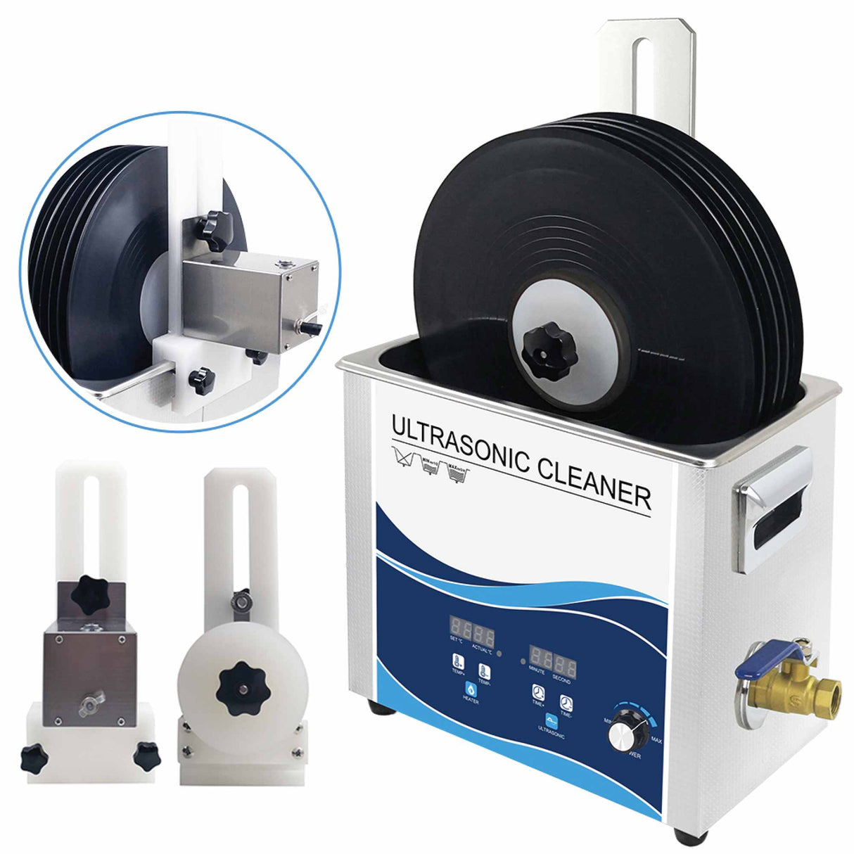 Vinyl Record Cleaning Bracket with Drying Rack for Ultrasonic Cleaners - Holds 8 Discs at Once