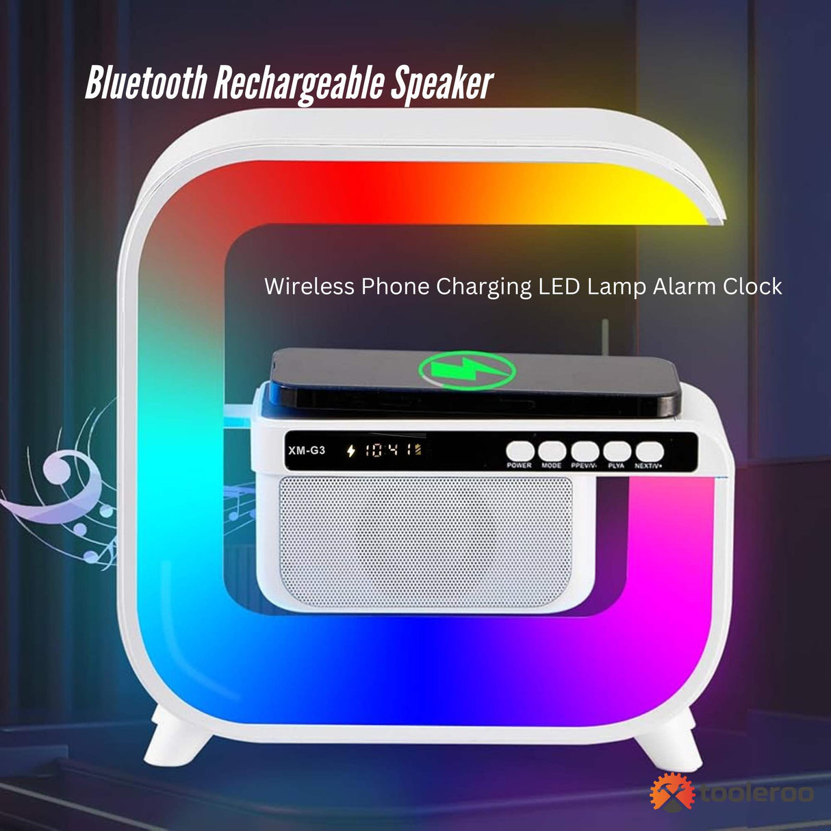 Multi-Function Bluetooth Speaker with Wireless Charger, LED Lamp, and Alarm Clock