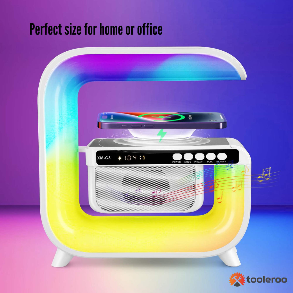 Multi-Function Bluetooth Speaker with Wireless Charger, LED Lamp, and Alarm Clock