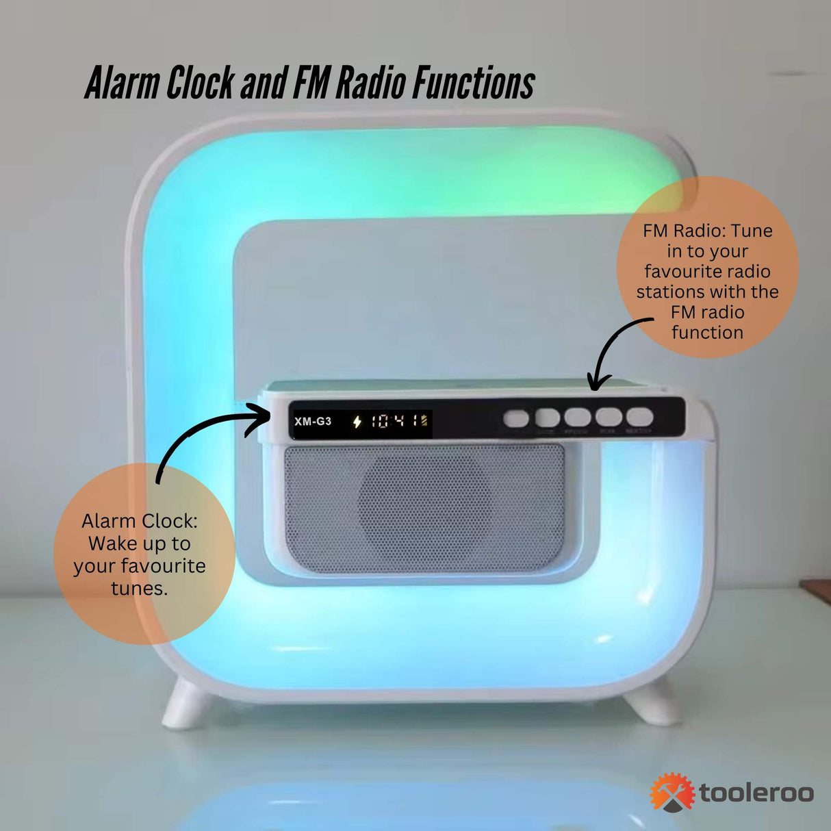 Multi-Function Bluetooth Speaker with Wireless Charger, LED Lamp, and Alarm Clock