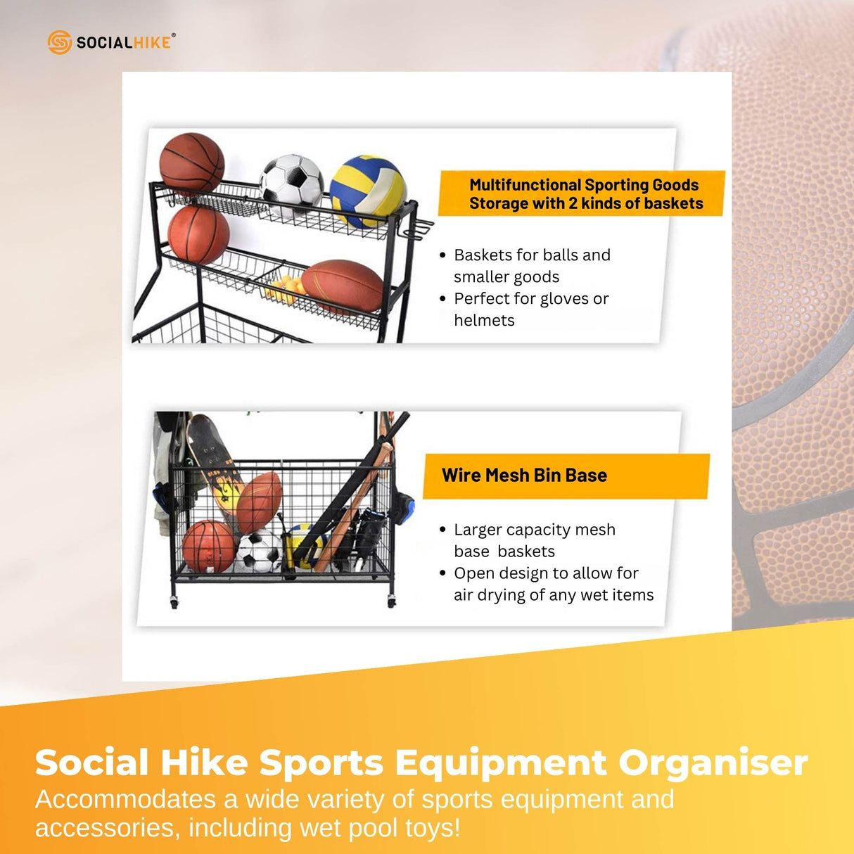 Sports Equipment Organizer Cart on Wheels - Multi-Functional Garage Trolley