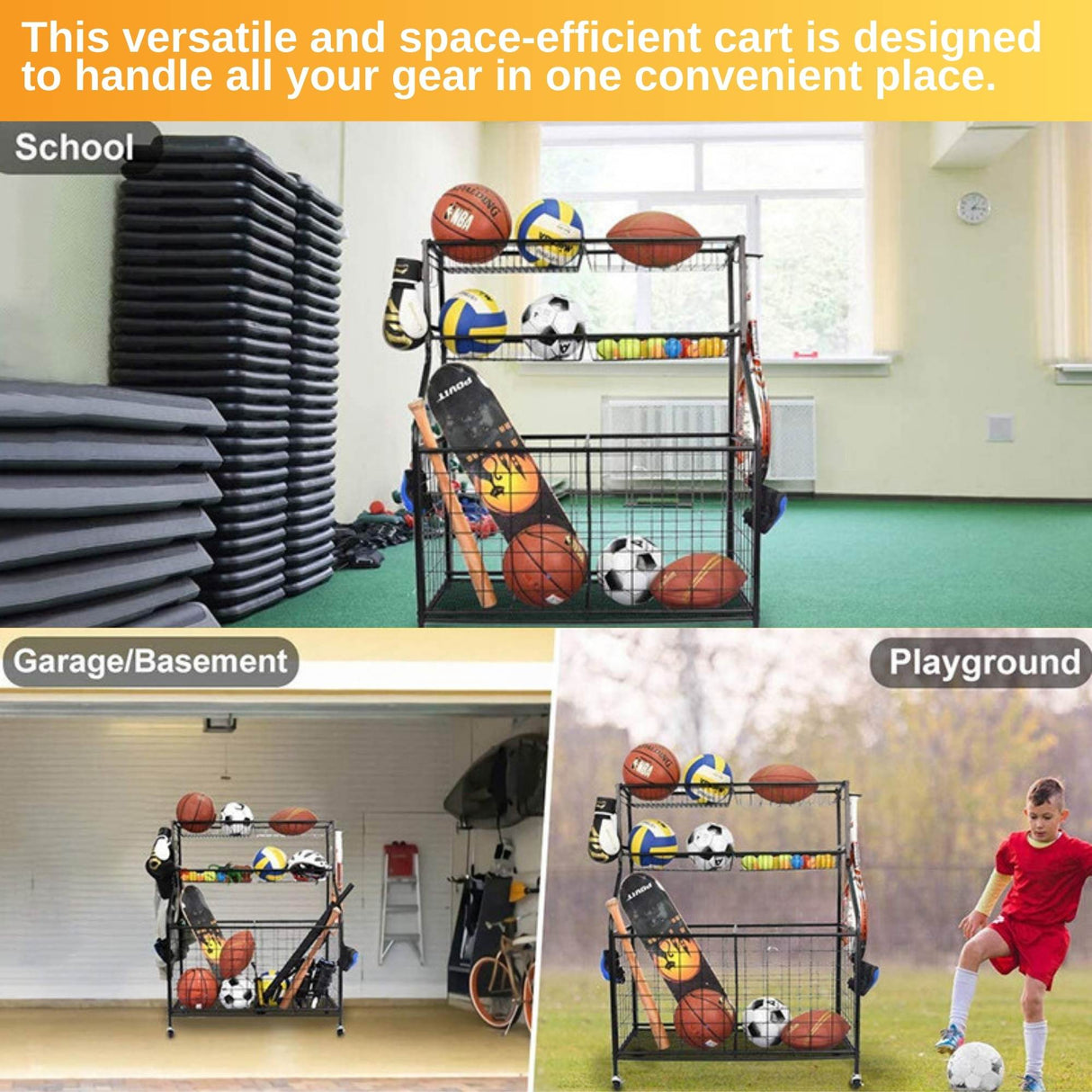 Sports Equipment Organizer Cart on Wheels - Multi-Functional Garage Trolley