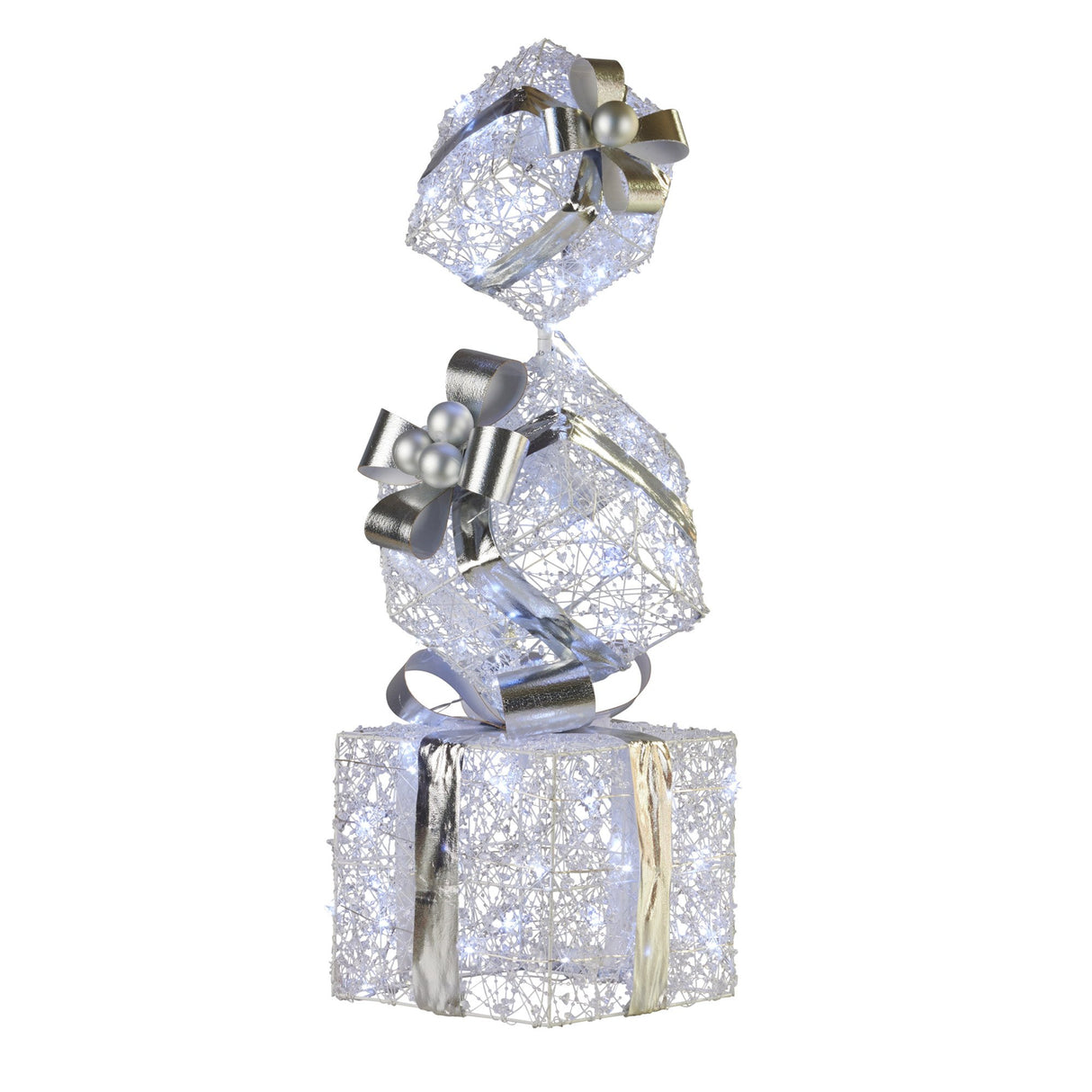 Illuminated Silver Christmas Gift Box Stack Display - 83cm Tall