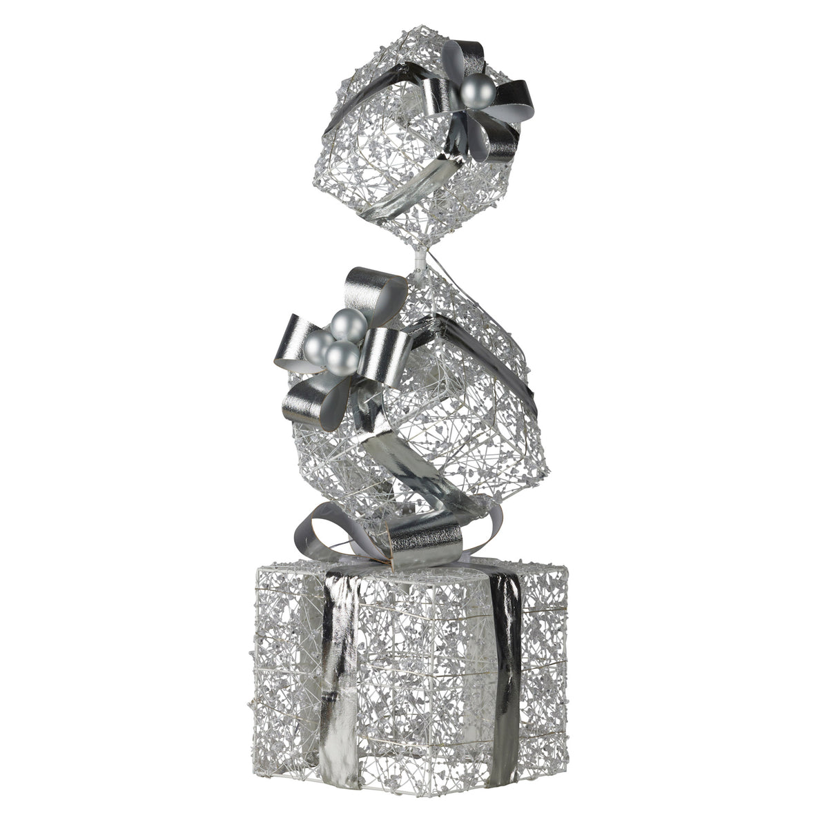 Illuminated Silver Christmas Gift Box Stack Display - 83cm Tall