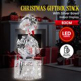 Illuminated Silver Christmas Gift Box Stack Display - 83cm Tall