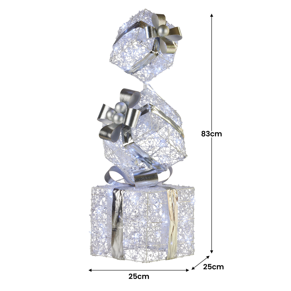 Illuminated Silver Christmas Gift Box Stack Display - 83cm Tall