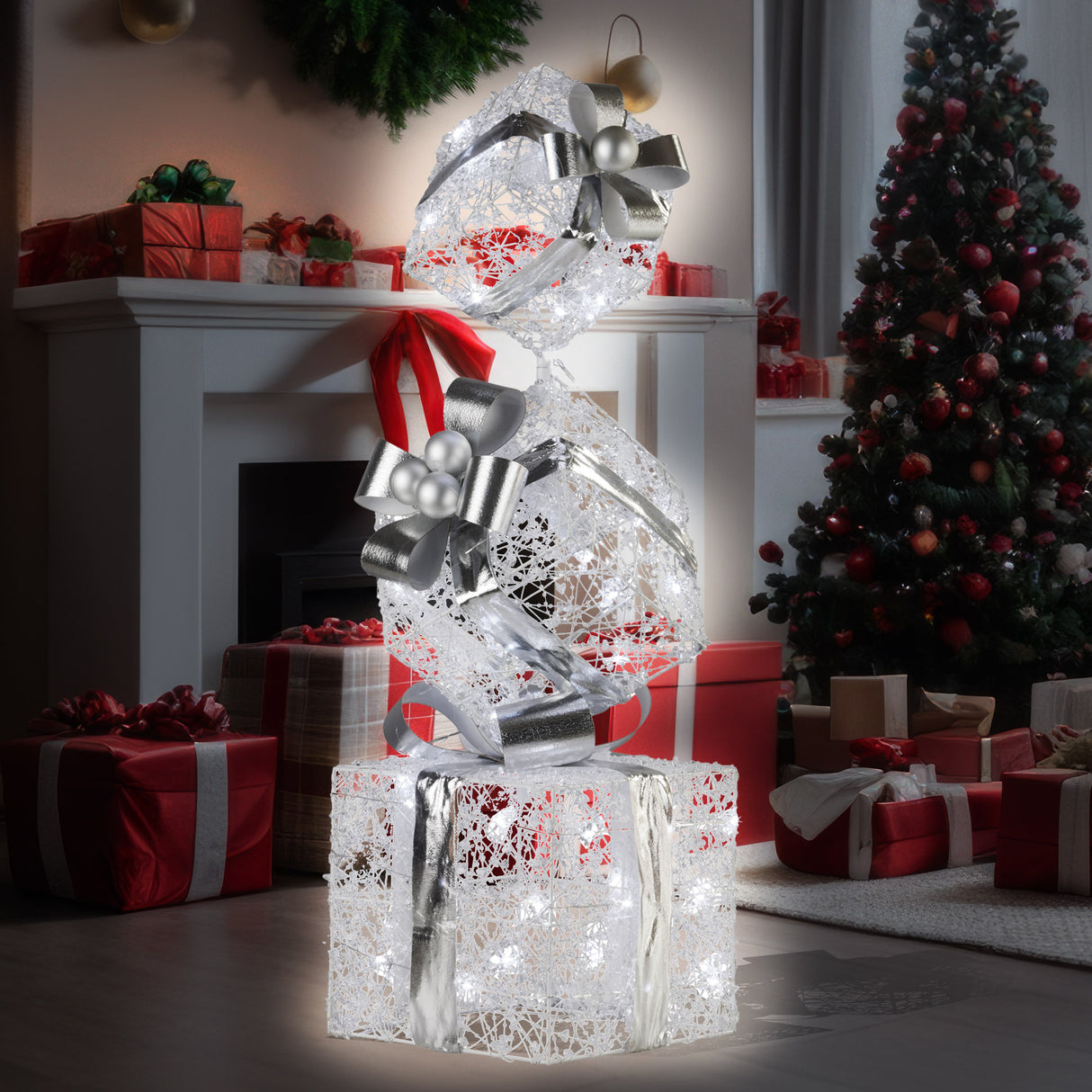 Illuminated Silver Christmas Gift Box Stack Display - 83cm Tall