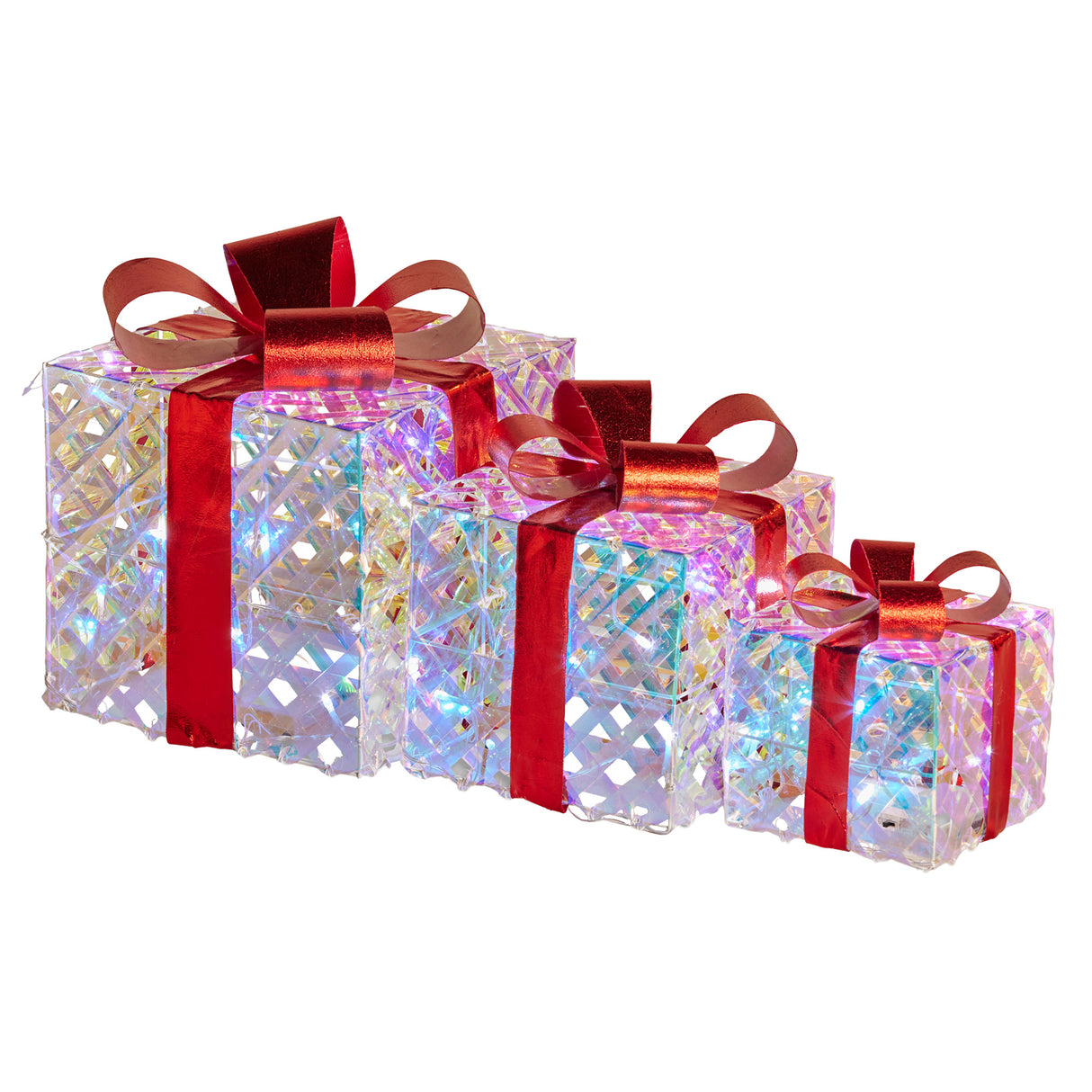 Illuminated Holiday Gift Box Trio – Sparkling Clear Design with Vibrant Red Bows