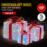 Illuminated Holiday Gift Box Trio – Sparkling Clear Design with Vibrant Red Bows