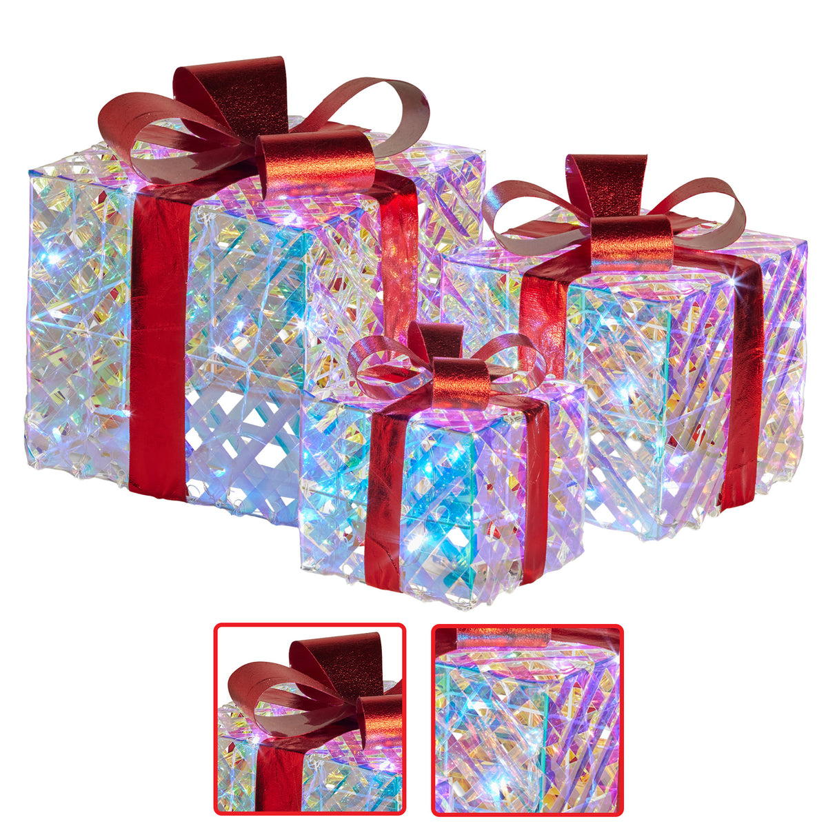 Illuminated Holiday Gift Box Trio – Sparkling Clear Design with Vibrant Red Bows