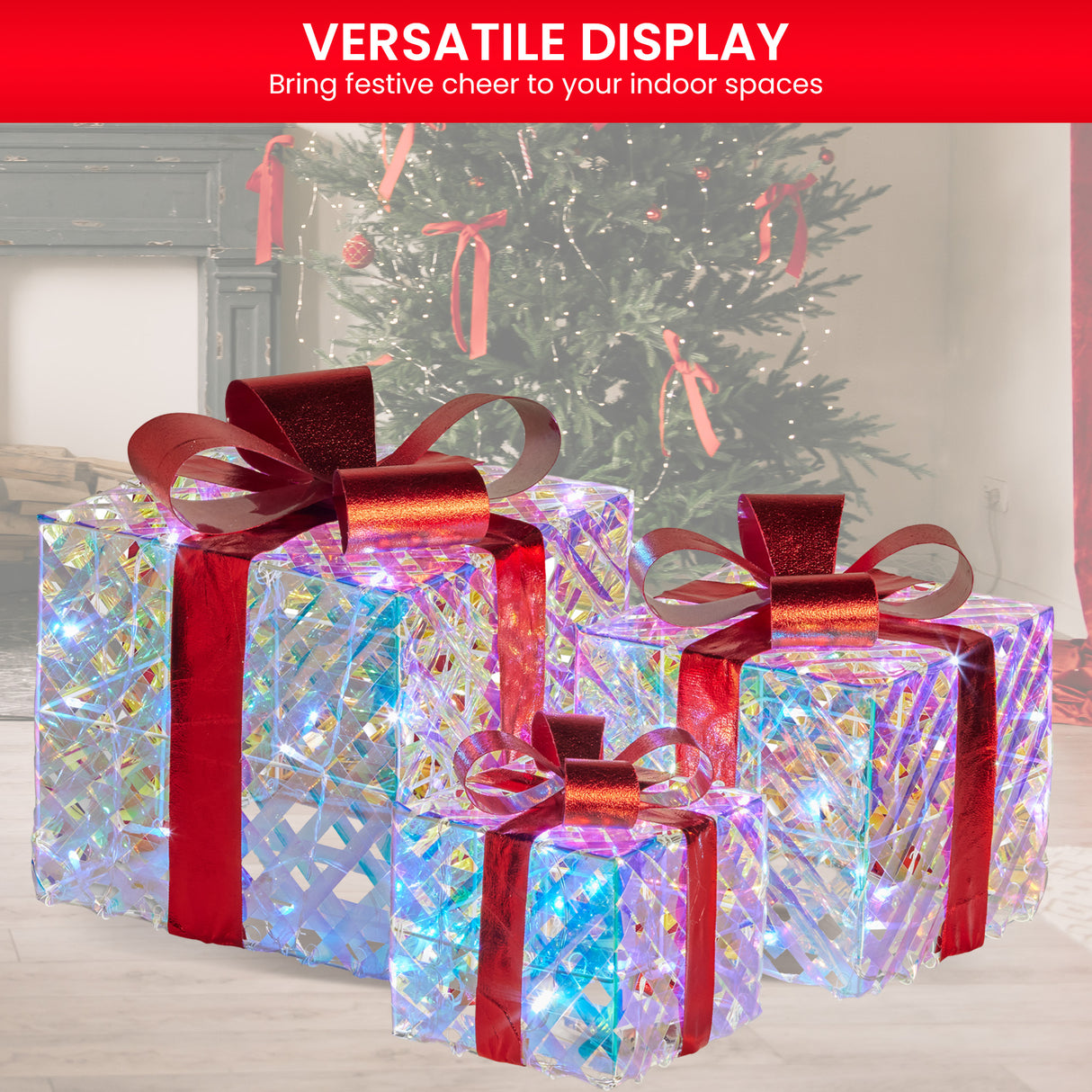 Illuminated Holiday Gift Box Trio – Sparkling Clear Design with Vibrant Red Bows