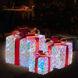 Illuminated Holiday Gift Box Trio – Sparkling Clear Design with Vibrant Red Bows