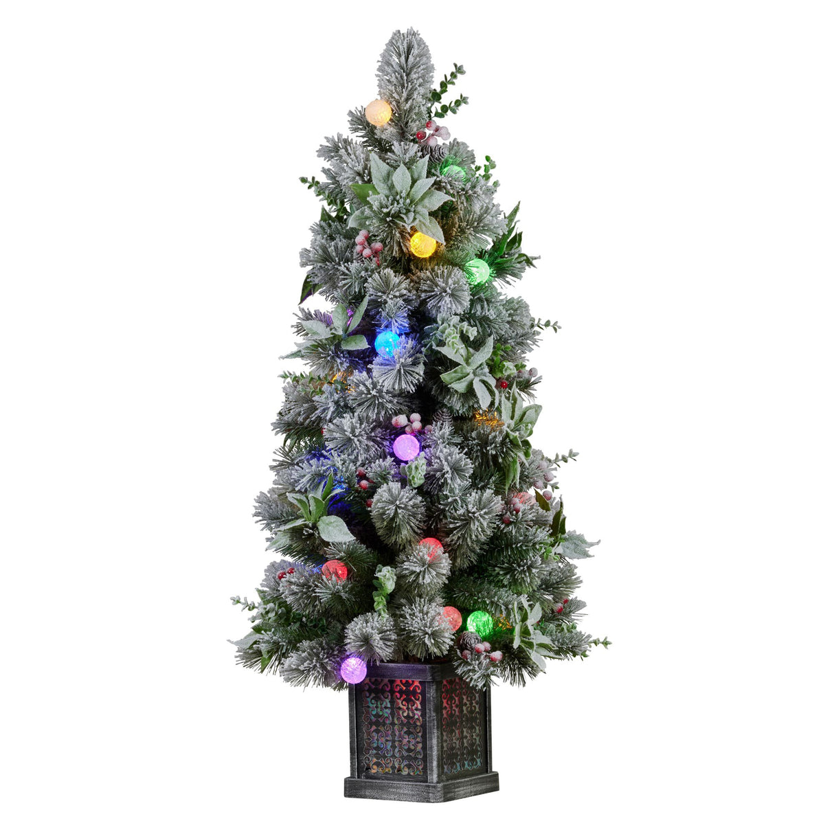 Swishmas Snowy Crown Pine Potted Christmas Tree 1.2m Multicolour Pre-Lit with Snowball Lights