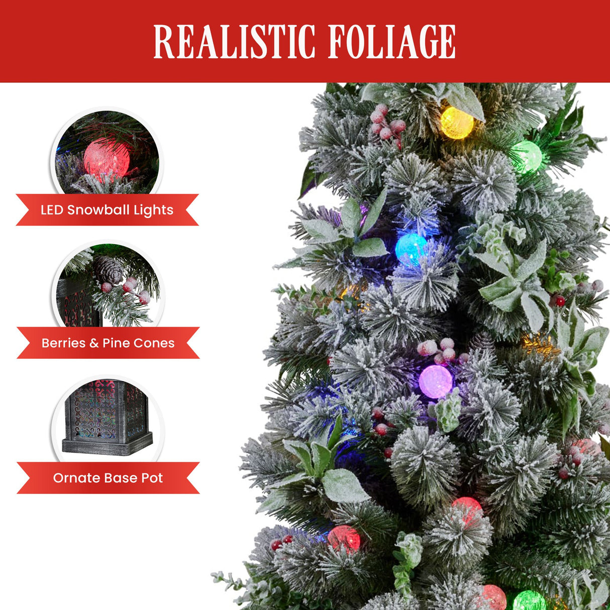 Swishmas Snowy Crown Pine Potted Christmas Tree 1.2m Multicolour Pre-Lit with Snowball Lights