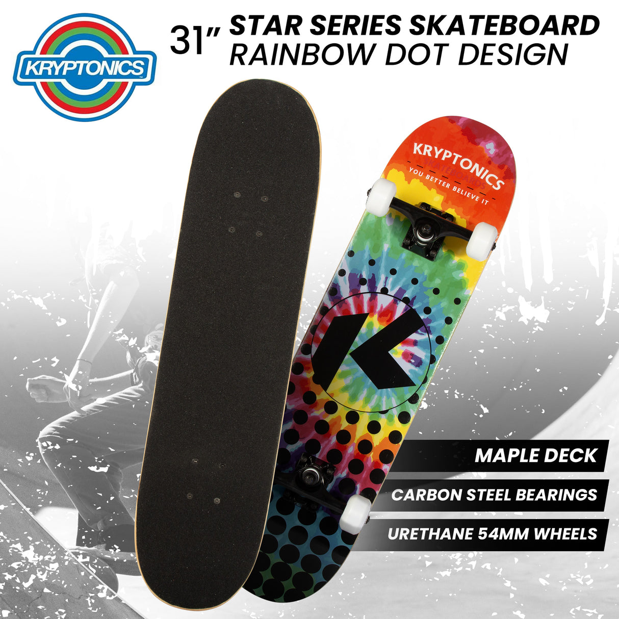 Kryptonics 31-inch Rainbow Dot Star Series Complete Skateboard