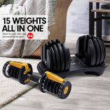 Powertrain  48KG Adjustable Dumbbell Set With Stand - Gold - Front View