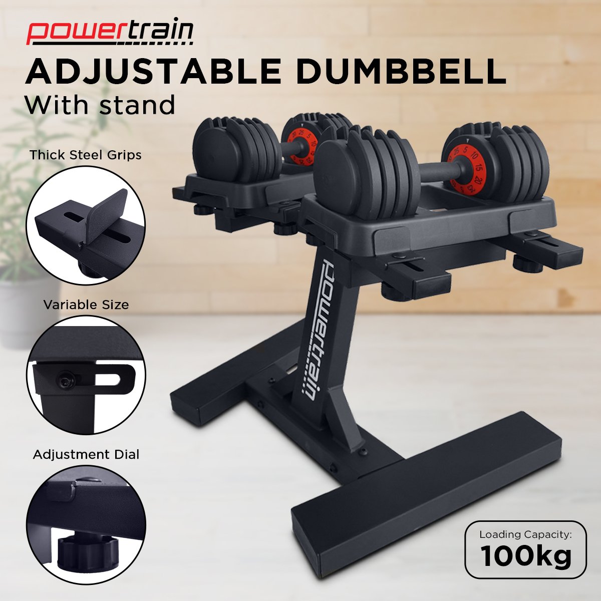 Powertrain GEN2 Pro Adjustable Dumbbell Set - 2 x 25kg (50kg) Home Gym Weights with Stand