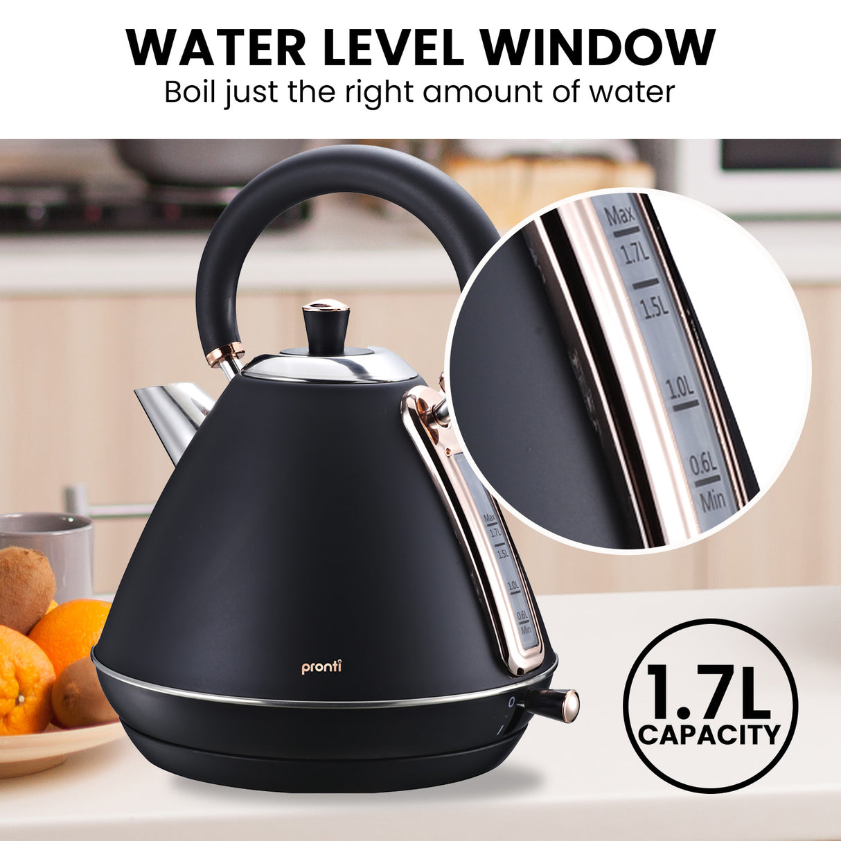 Elegant Rose Gold Trim 1.7L Stainless Steel Kettle - Black