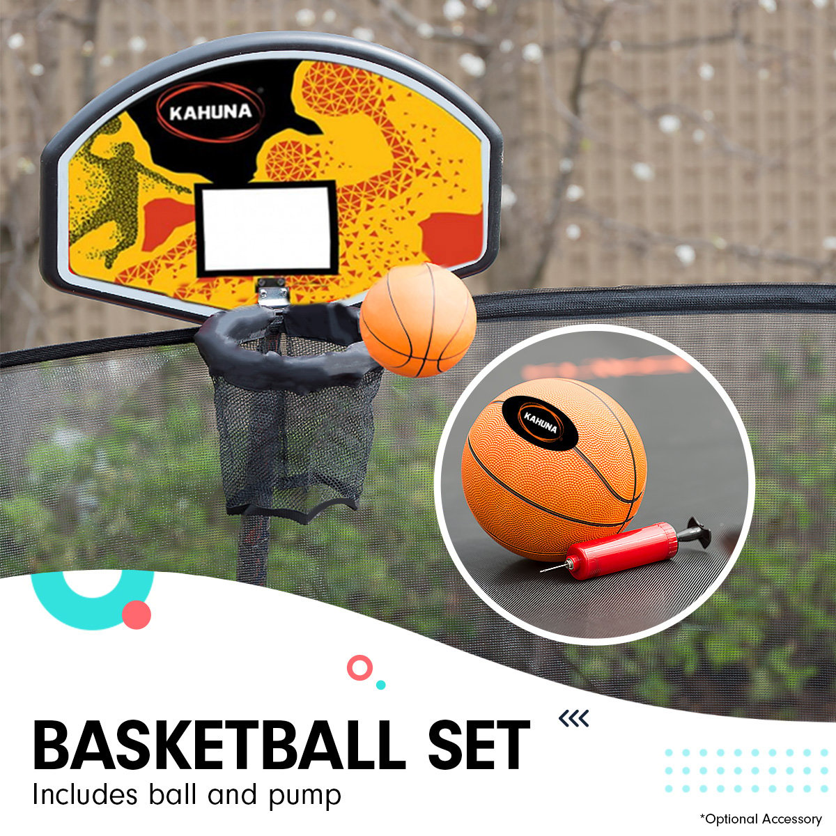 Kahuna 8ft Outdoor Trampoline Kids Children With Safety Enclosure Mat Pad Net Ladder Basketball Hoop Set - Rainbow