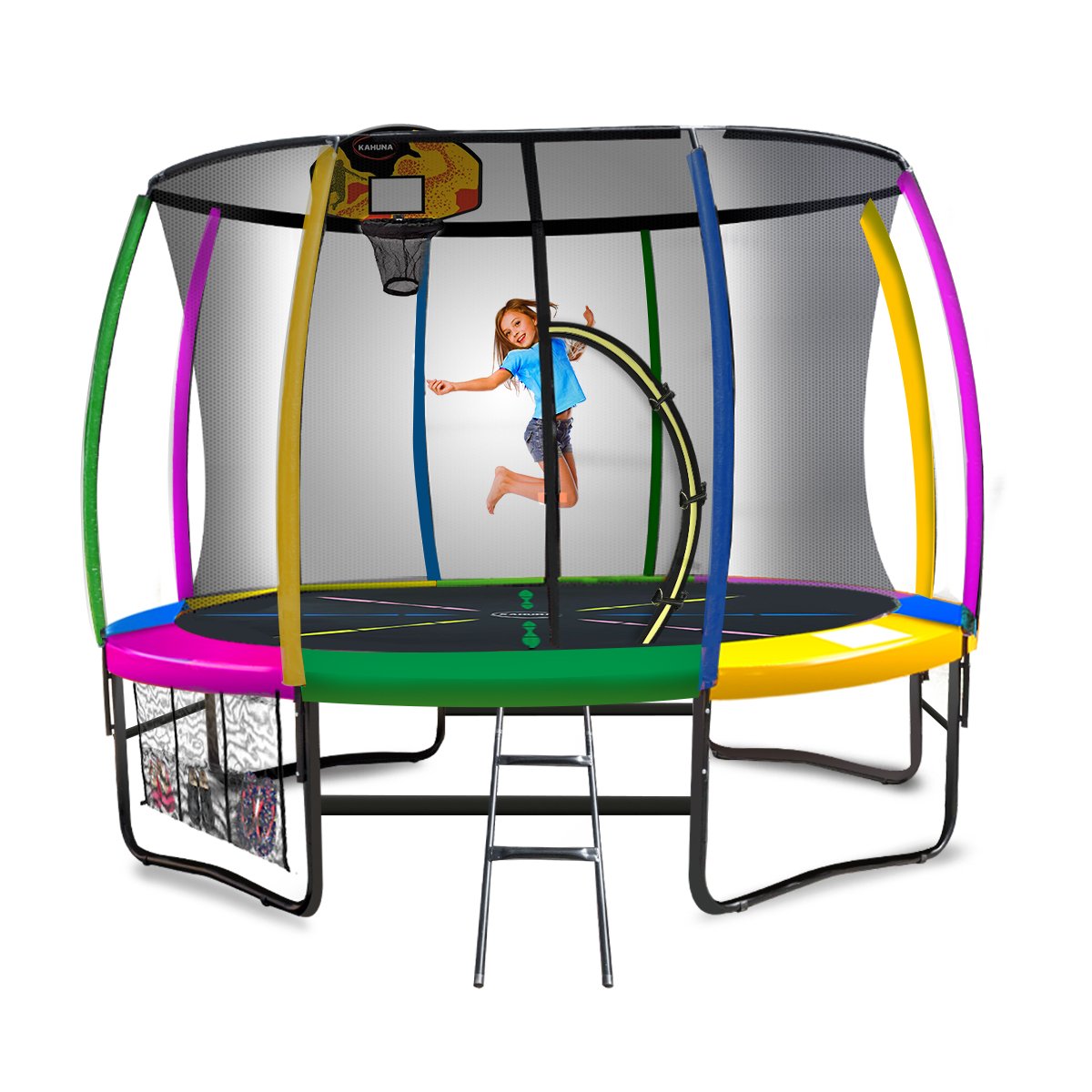 Kahuna 16ft Outdoor Trampoline Kids Children With Safety Enclosure Pad Mat Ladder Basketball Hoop Set - Rainbow