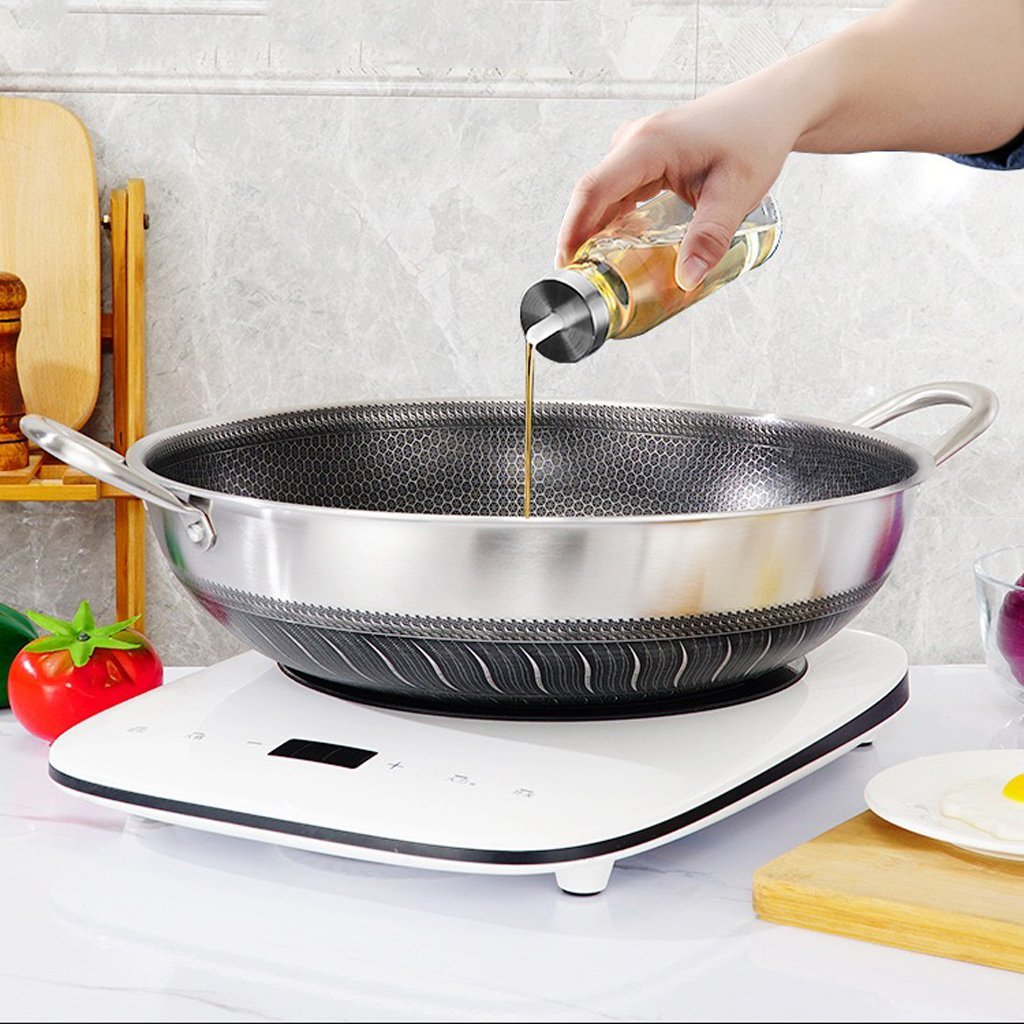 Double Ear 304 Stainless Steel 40cm Non-Stick Stir Fry Cooking Kitchen Wok Pan with Lid Honeycomb Double Sided