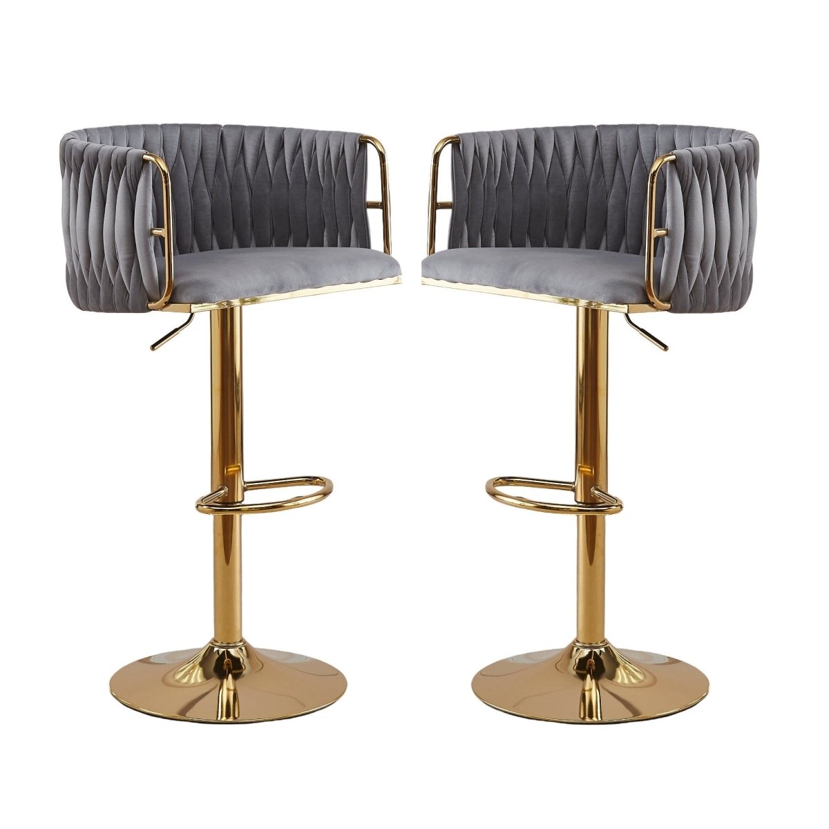 2x Height Adjustable Grey Swivel Bar Stool Velvet Golden Round Base Barstools Chairs