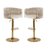 2x Height Adjustable Ivory Swivel Bar Stool Velvet Golden Round Base Barstools Chairs