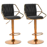 2x Height Velvet Padded Golden Round Base Barstools Chairs with Backrest and Footrest -BLACK