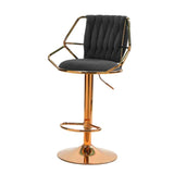 2x Height Velvet Padded Golden Round Base Barstools Chairs with Backrest and Footrest -BLACK