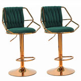 2x Height Velvet Padded Golden Round Base Barstools Chairs with Backrest and Footrest -GREEN