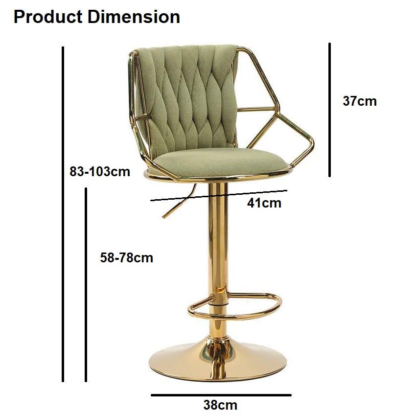 2x Height Velvet Padded Golden Round Base Barstools Chairs with Backrest and Footrest -GREEN