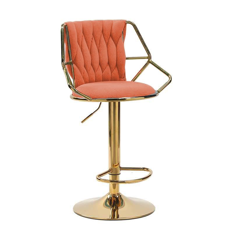 2x Height Velvet Padded Golden Round Base Barstools Chairs with Backrest and Footrest -ORANGE