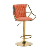 2x Height Velvet Padded Golden Round Base Barstools Chairs with Backrest and Footrest -ORANGE