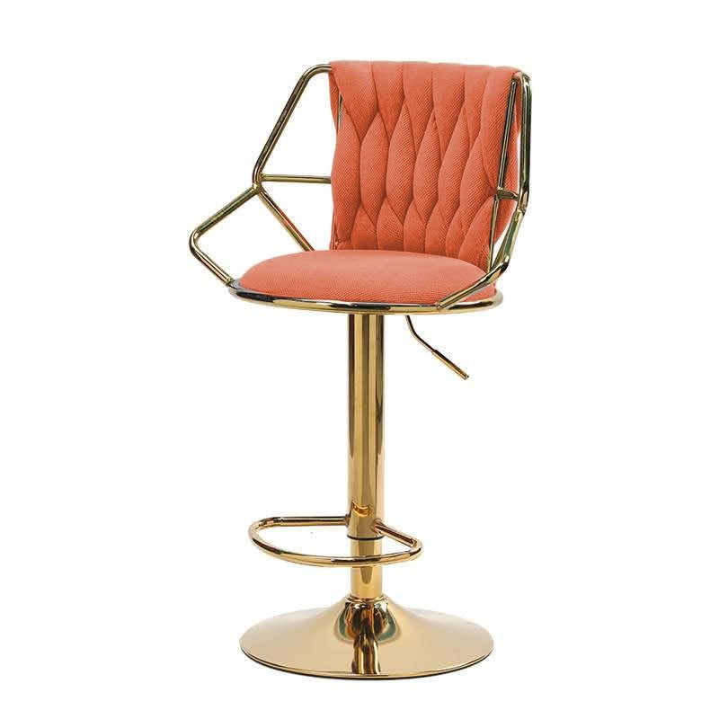 2x Height Velvet Padded Golden Round Base Barstools Chairs with Backrest and Footrest -ORANGE