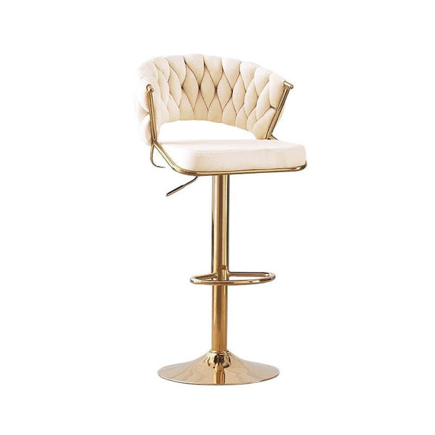 2x Height Beige Velvet Padded Golden Round Base Barstools Chairs