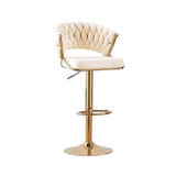 2x Height Beige Velvet Padded Golden Round Base Barstools Chairs