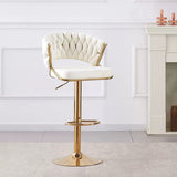 2x Height Beige Velvet Padded Golden Round Base Barstools Chairs