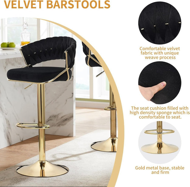 2x Height Beige Velvet Padded Golden Round Base Barstools Chairs