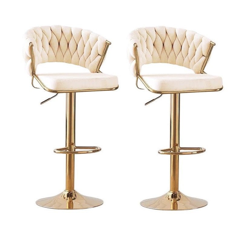 2x Height Beige Velvet Padded Golden Round Base Barstools Chairs