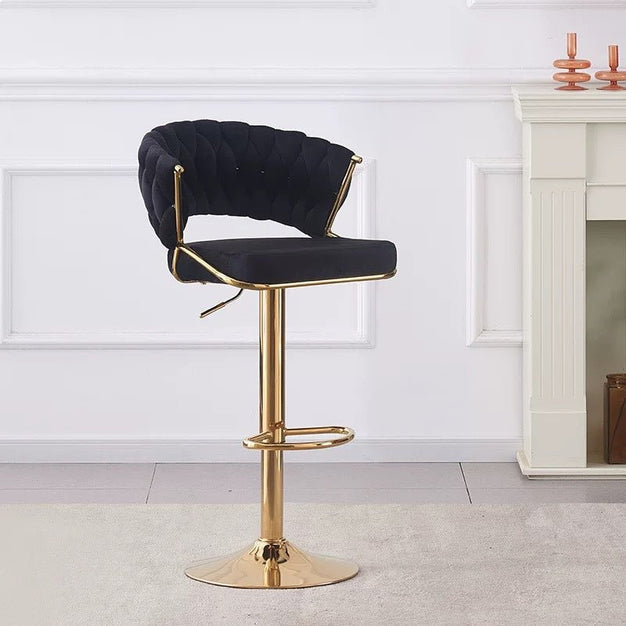 2x Height Black Velvet Padded Golden Round Base Barstools Chairs