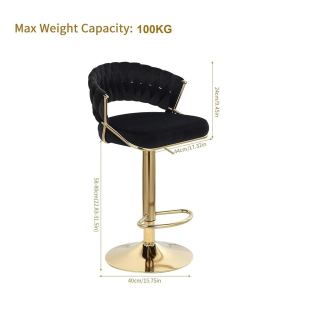 2x Height Black Velvet Padded Golden Round Base Barstools Chairs