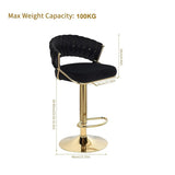 2x Height Black Velvet Padded Golden Round Base Barstools Chairs