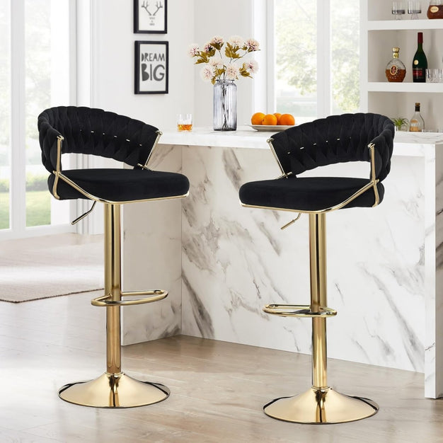 2x Height Black Velvet Padded Golden Round Base Barstools Chairs