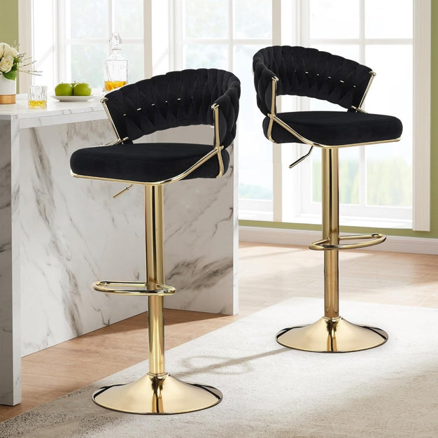 2x Height Black Velvet Padded Golden Round Base Barstools Chairs