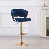 2x Height Blue Velvet Padded Golden Round Base Barstools Chairs