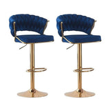 2x Height Blue Velvet Padded Golden Round Base Barstools Chairs