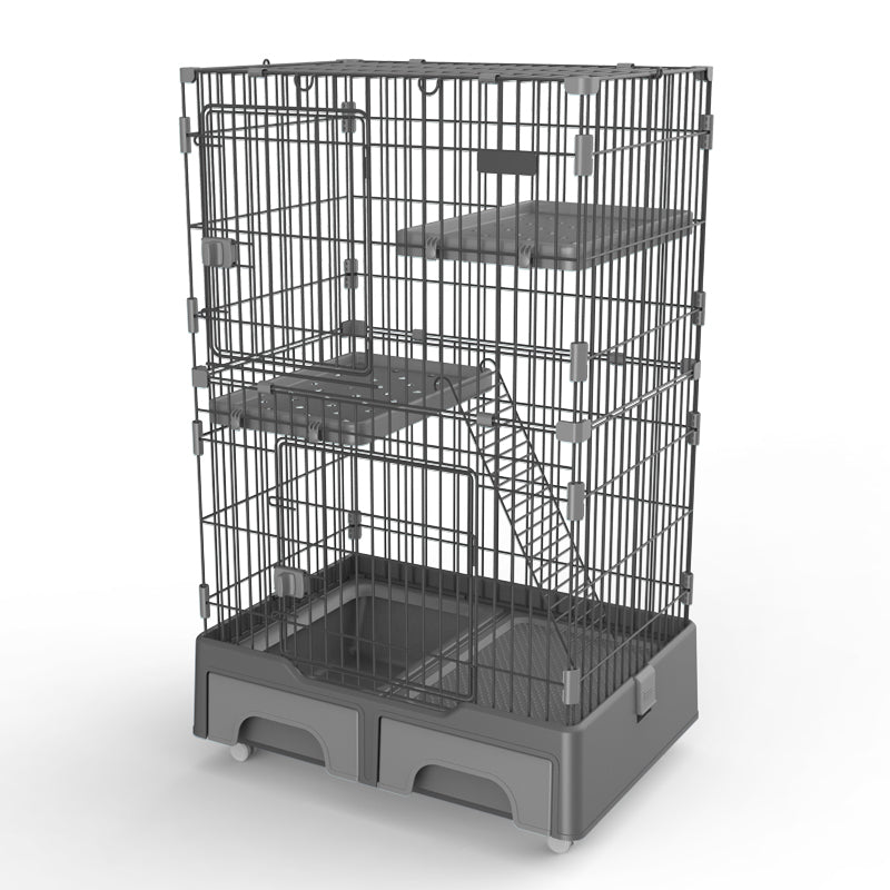 YES4PETS 134 cm Grey Pet 3 Level Cat Cage House With Litter Tray And Storage Box