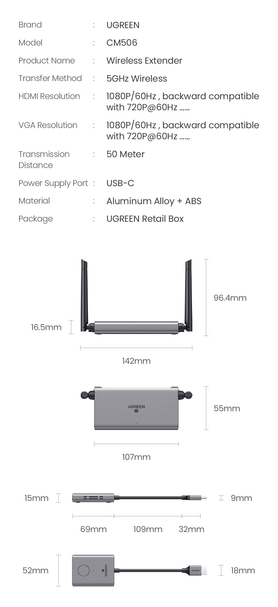 UGREEN 50633A 70m Wireless HDMI Transmitter and Receiver Set